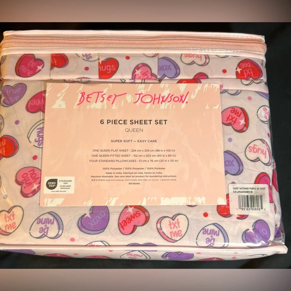 Betsey Johnson Queen 6pc Sheet Set Sweet Nothings Hearts NEW